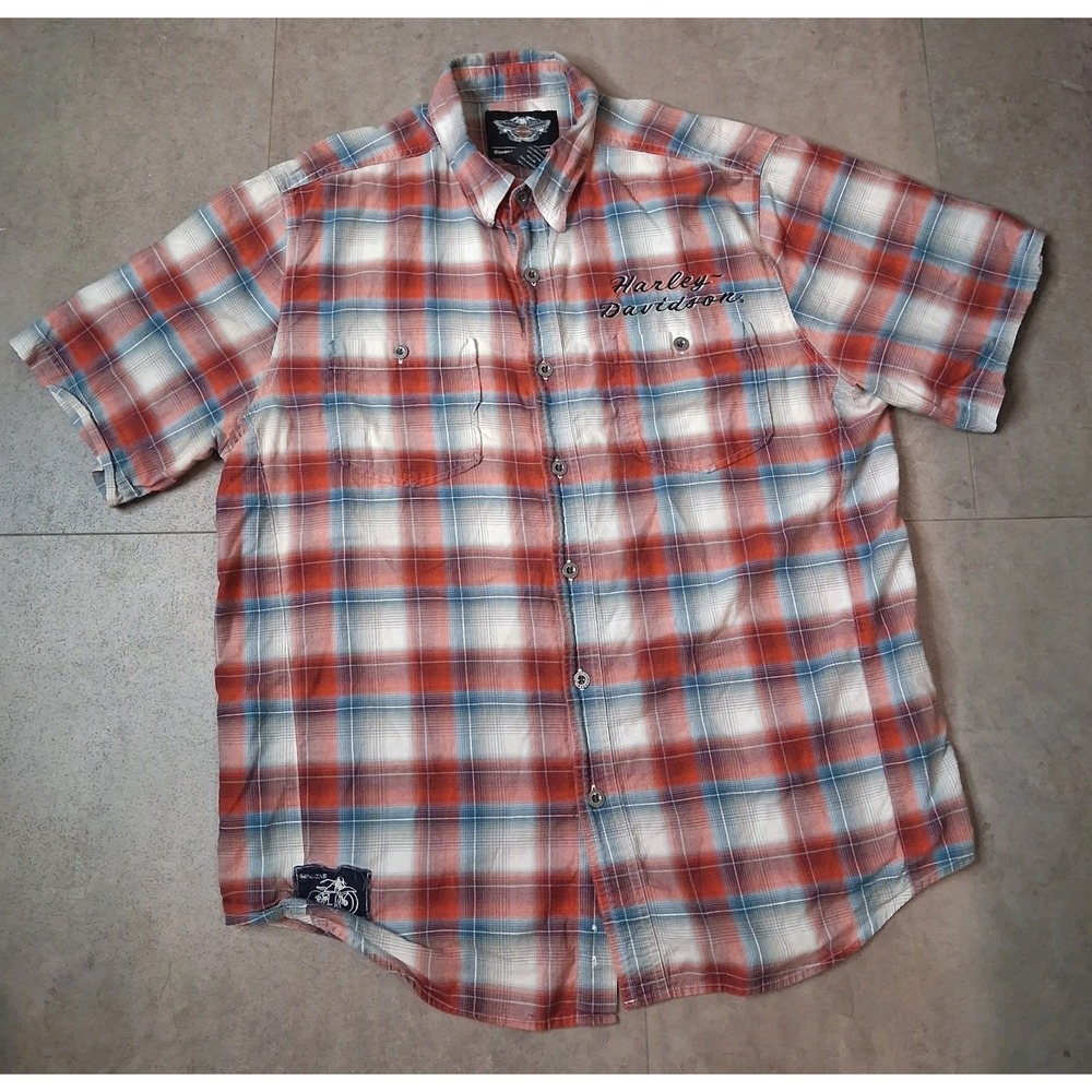 Harley Davidson Short Sleeve Button Up Plaid Shirt Large Cotton - Picture 2 of 11